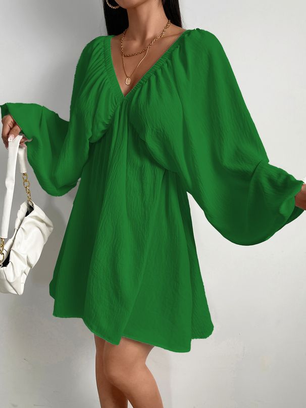 Elegant Simple Deep V Neck Long Sleeved Puff Sleeve Solid Color Dress For Women Style Full Skirt_ecoleips.com