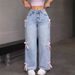 Women's Clothing Women's Bow Detail Straight Leg Jeans - High Waist Loose Wide Leg Pants For Casual Streetwear (Light Blue/ Dark Blue, Sizes 27-30)_ecoleips.com