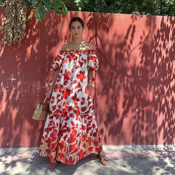 Women's Clothing Summer New Floral Print One Shoulder Puff Sleeve Long Dress_ecoleips.com