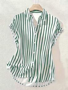 Women's Striped Shirt Casual Top Summer Fashion Versatile Short Sleeve European American Style New Spot Cross Border Foreign Trade_ecoleips.com