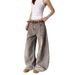 Street-style American Retro Splatter-paint Design Washed Curved Cut Niche Women's Jeans, Casual Loose-fit Wide-leg Pants_ecoleips.com