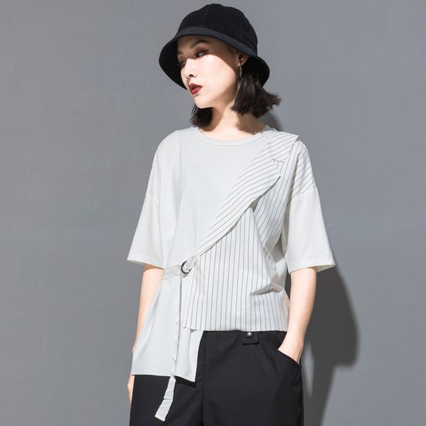 Women's Summer New Instagram Cool Light Suit Straight Barrel Lace Stripe Spliced Short Sleeve T-shirt Women_ecoleips.com