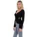 Voya Women's French Style Niche Design Top, Women's Black V-neck Long Sleeved Waist Cinched Knit Shirt With Chest Tie_ecoleips.com