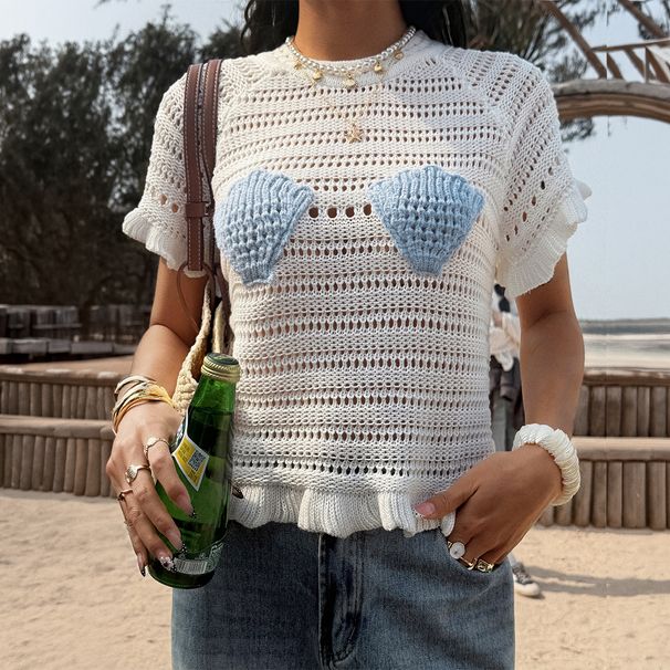 DiYun European And American Casual Vacation Style Versatile Hollow-out Sexy T-shirt Knitted Women's Clothing 2026 Summer_ecoleips.com