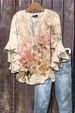 Aria Basics Aria Basics New European And American Cross-border Creative Denim Floral Print Casual Trendy V-neck Lotus Sleeve Women's T-shirt_ecoleips.com