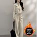 Korean Style Stand Collar Sweatshirt Jacket And Wide Leg Pants Set For Women Casual Autumn Winter Outfit_ecoleips.com