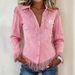 Women's Clothing Western-Inspired Suede Fringe Shirt – Slim-Fit Long-Sleeve Blouse With Burnout Detailing_ecoleips.com