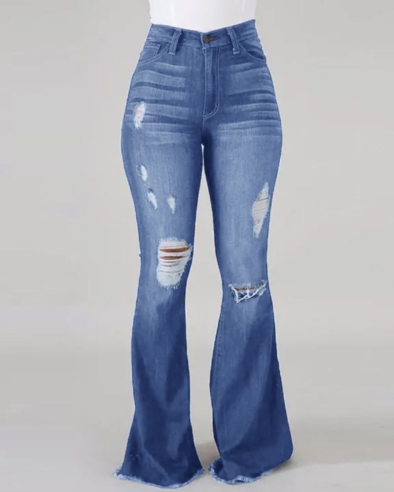 Women's Clothing Internet Celebrity High Elastic Ripped Jeans High Waisted Flared Trousers _ecoleips.com