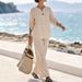 Women's Casual Fashion Suit V-Neck Single Button Loose Long Sleeve Top And Wide Leg Pants Two-Piece Set for Summer_ecoleips.com