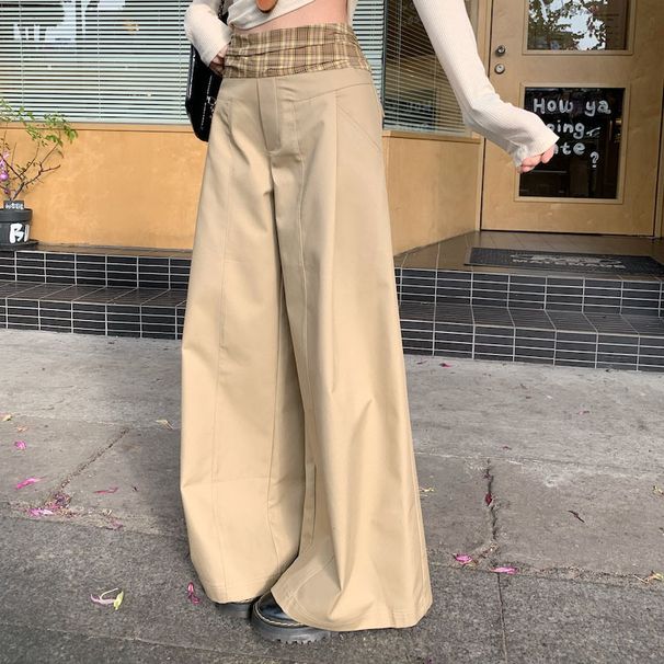 American Brown Waistband Patchwork Plaid Casual For Women In Autumn Winter, With A Lazy Design And Loose Wide Leg Pants_ecoleips.com