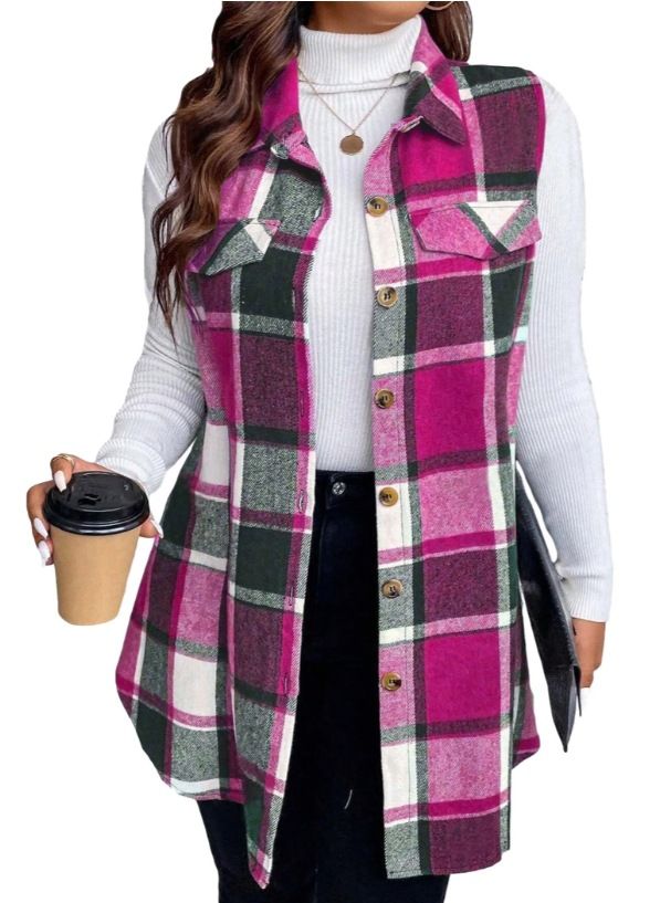 Verve Autumn Winter New Women's Fashion Plaid Sleeveless Turn-down Collar Side Pocket Shirt Vest_ecoleips.com