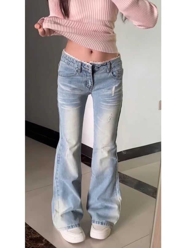Light Blue Women's Flared Jeans Lace Trimmed American Style Low Rise Stretchy Extra Long Floor Length_ecoleips.com