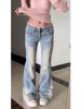 Light Blue Women's Flared Jeans Lace Trimmed American Style Low Rise Stretchy Extra Long Floor Length_ecoleips.com