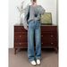Women's Fleece-lined Wide-leg Jeans, Thickened Winter, Korean Style, High-waisted, Casual, Vintage Retro Blue, In Stock_ecoleips.com