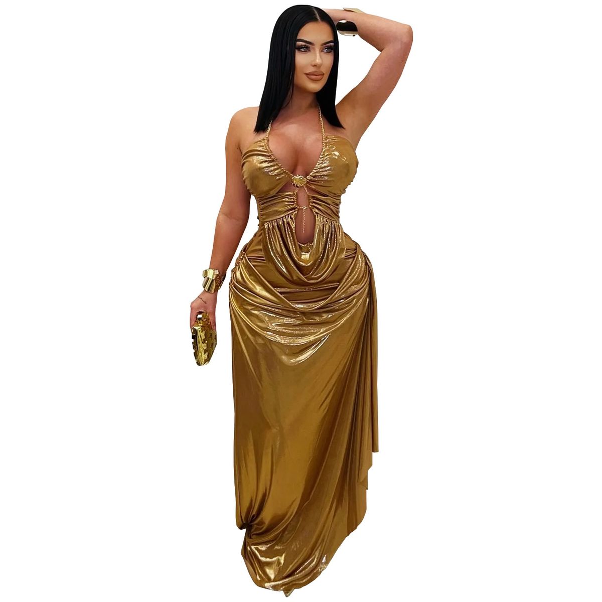 Elegant Halter Neck Bodycon Midi Dress With Gold Chain & Draped Detail, Stretch Polyester Spandex, Sophisticated Night Out & Evening Wear_ecoleips.com