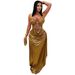 Elegant Halter Neck Bodycon Midi Dress With Gold Chain & Draped Detail, Stretch Polyester Spandex, Sophisticated Night Out & Evening Wear_ecoleips.com