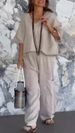 Women's Clothing Casual V Neck Loose Pocket Mid Sleeve Cotton Linen Suit_ecoleips.com