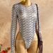 Women's Sexy Slightly Sheer Long Sleeve Bodysuit round Neck Print Mesh Tight Fitting New Style Jumpsuits Rompers_ecoleips.com