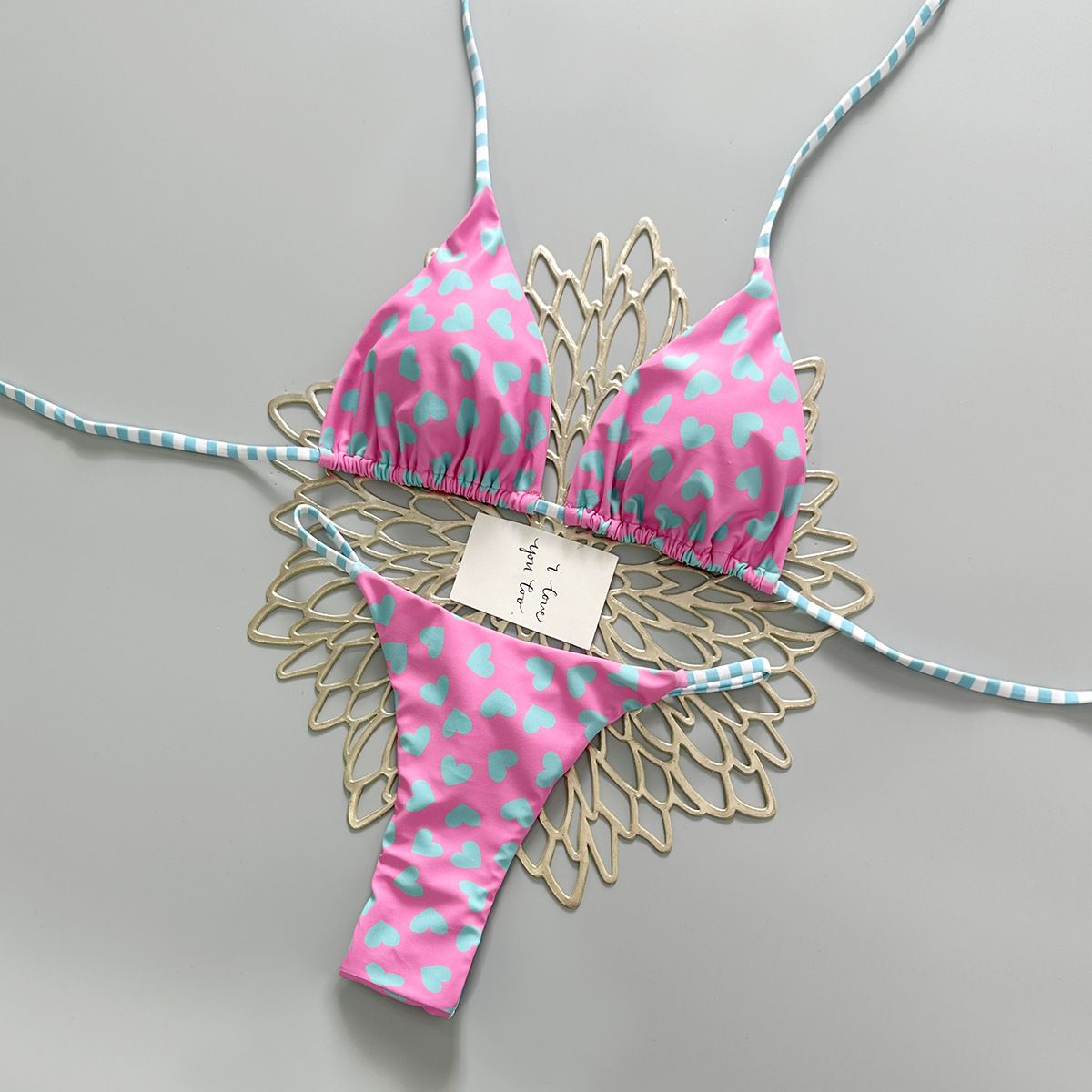 Pink And Blue Heart Print Bikini Set - Sexy Tie Triangle Cup Thong Two Piece Swimsuit for Women Cross Border Exclusive Hot Girl Style_ecoleips.com
