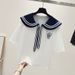 Women's Clothing Fashionable Women's Preppy Style Set With Navy Collar Top And Embroidered Ethnic Short Sleeve Shirt Trendy Style Jeans_ecoleips.com
