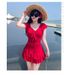 Sweet Ruffle Sleeve One Piece Swimsuit Dress With Bow Front Ruched Waist Flared Skirt Modest Swimwear For Beach Pool Vacation_ecoleips.com