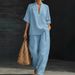 20226 Summer Fashion Casual European American Cross-Border Linen Cotton Solid Color T-Shirt And Pants Set V-Neck Pocket_ecoleips.com
