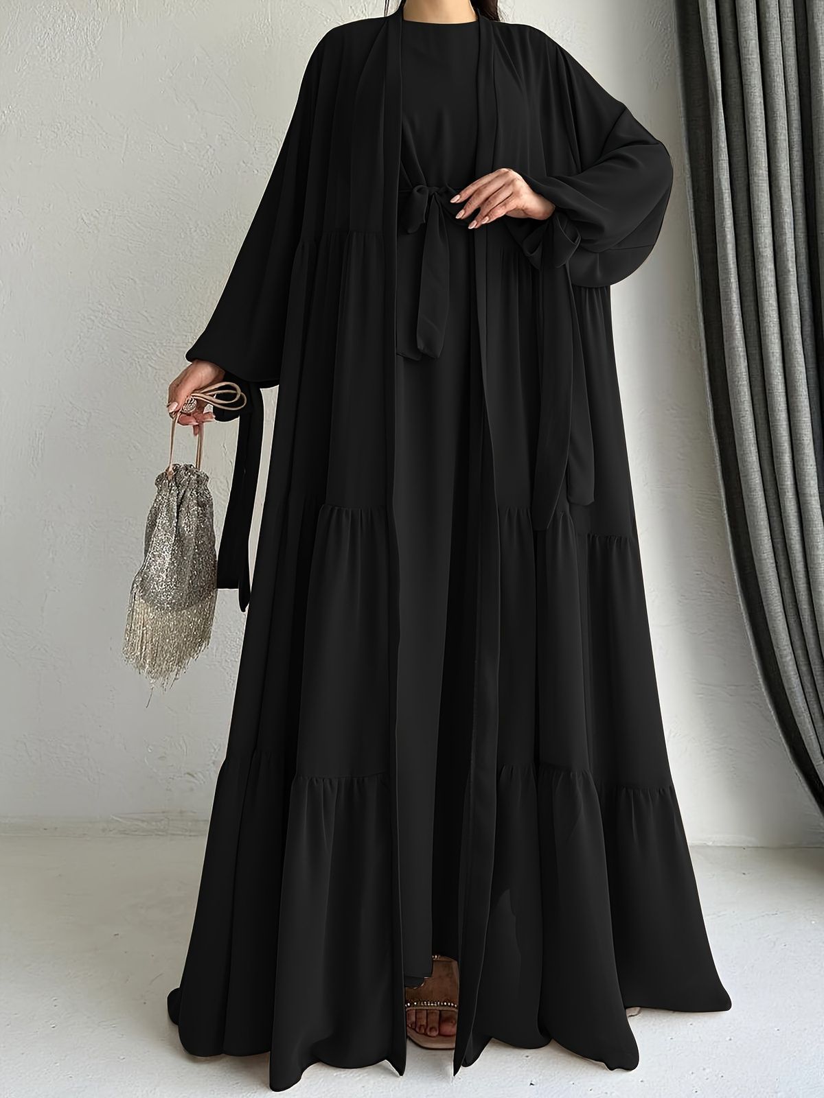 Verve M2695 Women's Muslim Solid Color Vest Dress Fashion Elegant Long Robe Coat_ecoleips.com