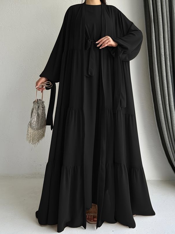 Verve M2695 Women's Muslim Solid Color Vest Dress Fashion Elegant Long Robe Coat_ecoleips.com