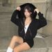 Black Zippered Plush Hooded Sweatshirt Printed High Street Boyfriend Style Loose Fit Warm Coat for Women 2024 New Export_ecoleips.com