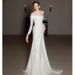 Women's Clothing Style Off The Shoulder Light Lace Wedding Dress White Slimming Short Train Bridal Reception Dress_ecoleips.com