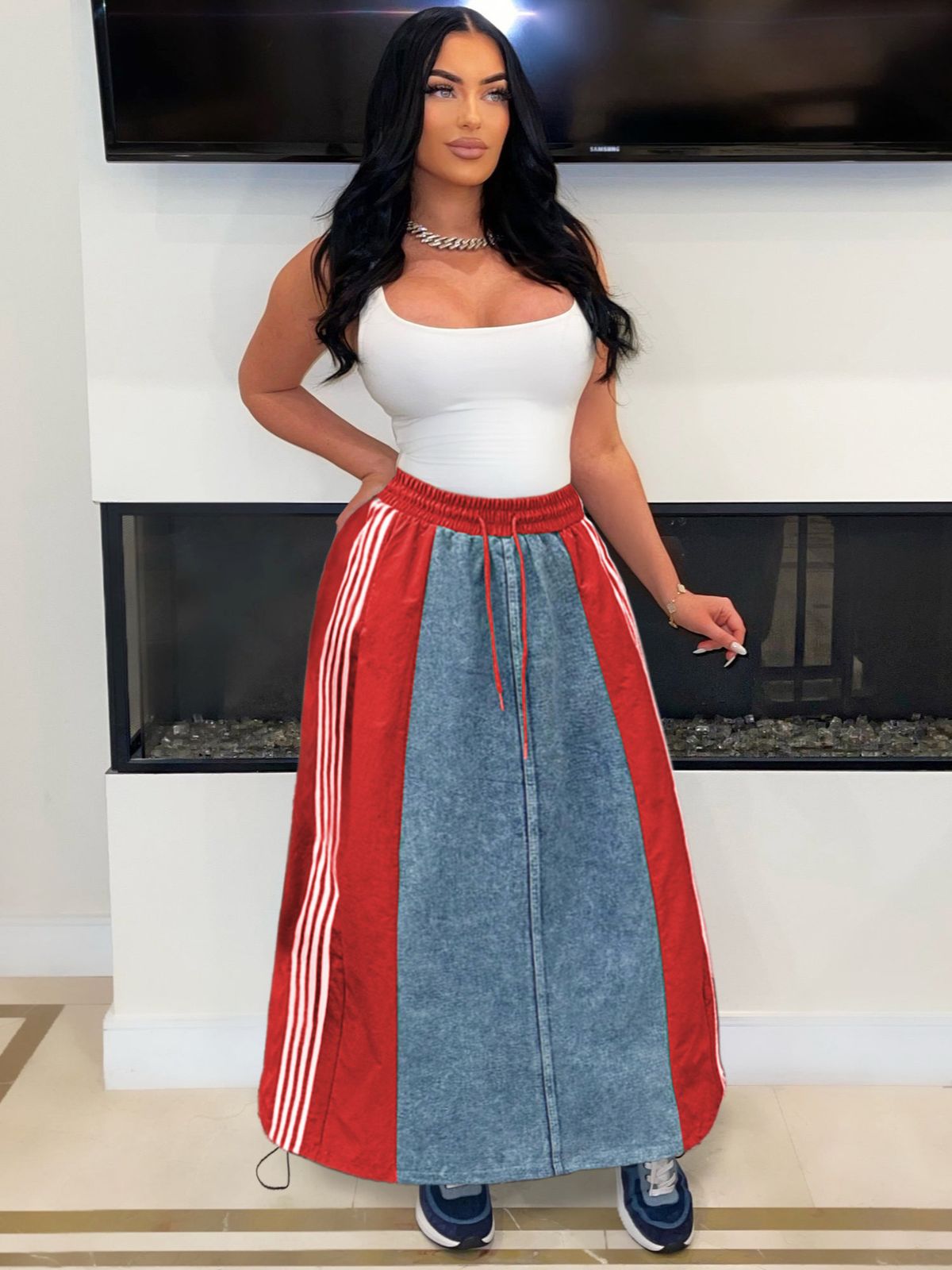 Women's Clothing Ladies Fashion Casual Striped A Line Loose Denim Contrast Skirt_ecoleips.com