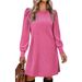 Women's Round Neck Puff Sleeve Mid Length Dress Brushed Ribbed Solid Color Autumn Winter Fashion_ecoleips.com
