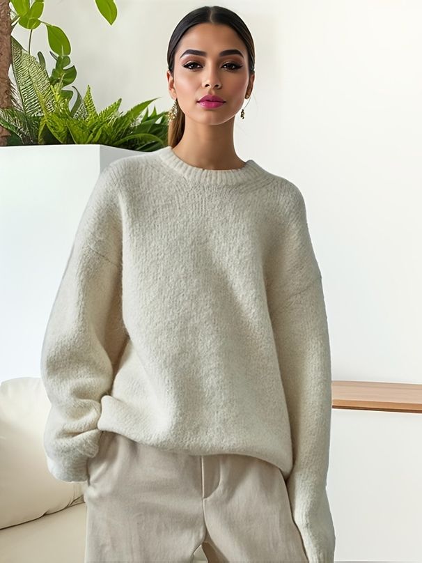 Women's Oversized Mohair Blend Sweater – Thick Knit Round Neck Pullover (Acrylic-Polyester, S-XXL) – Grey/Cream/Navy/Camel_ecoleips.com