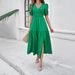 Spring Summer Women Elegant Solid Color V Neck Short Sleeve Big Swing Flared Long Maxi Dress_ecoleips.com