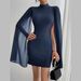 Cross-Border European And American Women's Clothing Round Neck Ribbed Chiffon Cape Bodycon Dress_ecoleips.com