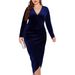 European And American Cross-Border Plus Size W's Long Sleeve Velvet Sexy Ruched Bodycon Deep V-Neck Gown Dress For_ecoleips.com