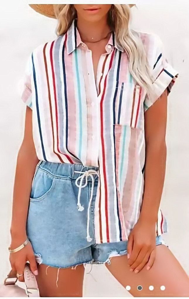 Women's Striped Shirt Short Sleeved Casual Fashion Style Summer Top Hot Selling_ecoleips.com