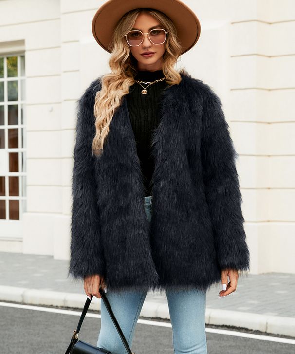 Women's Clothing Fashion Casual Short V Neck Ladies Faux Fur Artificial Fur Coat Tops_ecoleips.com