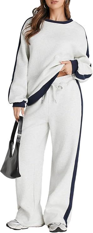 Women's Color Blocked Casual Sportswear Set Loose Fit Wide Leg Pants Two Piece Outfit Autumn Arrival_ecoleips.com