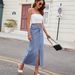 Women's Distressed Denim Maxi Skirt - Asymmetrical Hem & High Slit Summer Long Skirt_ecoleips.com