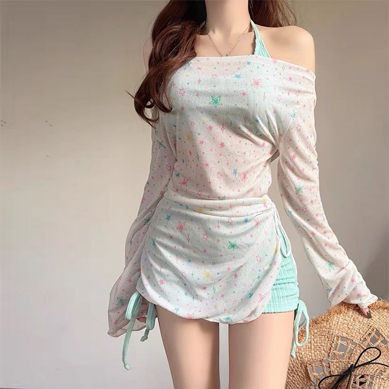 Women's Three Piece Swimsuit Set Halter Neck Star Print Slimming Straps Beach Vacation Hot Springs_ecoleips.com