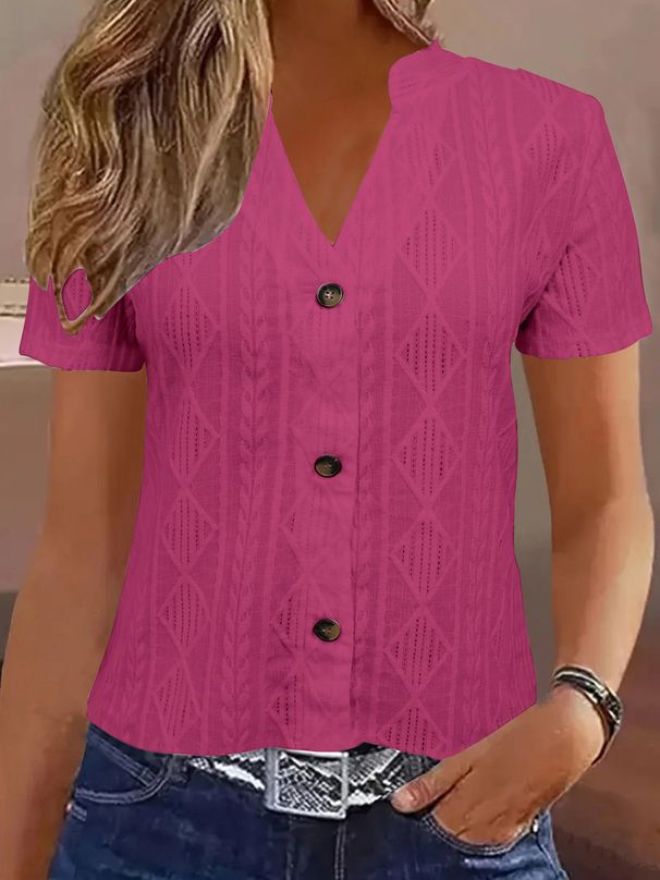 Women's Clothing Fashion Casual Solid Color Button V Neck Short Sleeved T Shirt_ecoleips.com