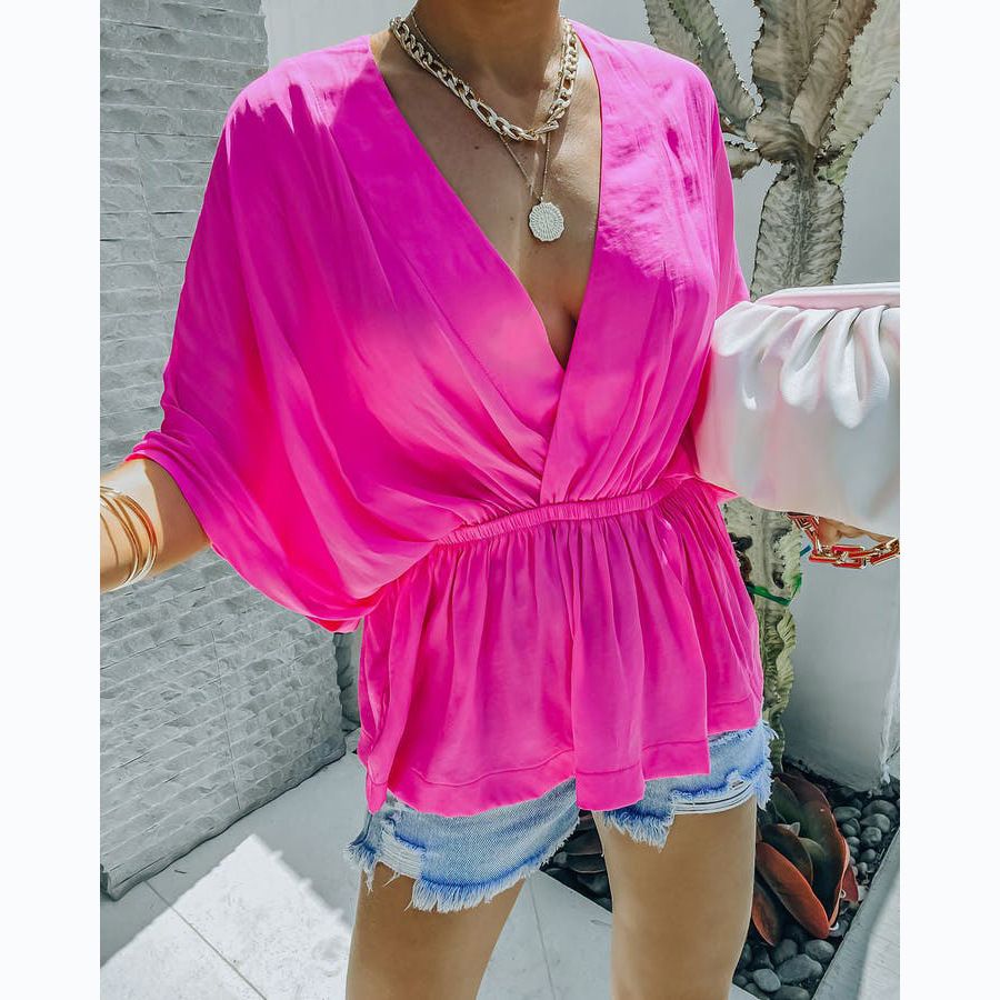 Women's Clothing Spring And Summer New Style Cotton V Neck Elastic Waist Casual Fashion Short Sleeved Shirt 22133_ecoleips.com
