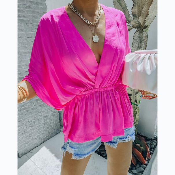 Women's Clothing Spring And Summer New Style Cotton V Neck Elastic Waist Casual Fashion Short Sleeved Shirt 22133_ecoleips.com