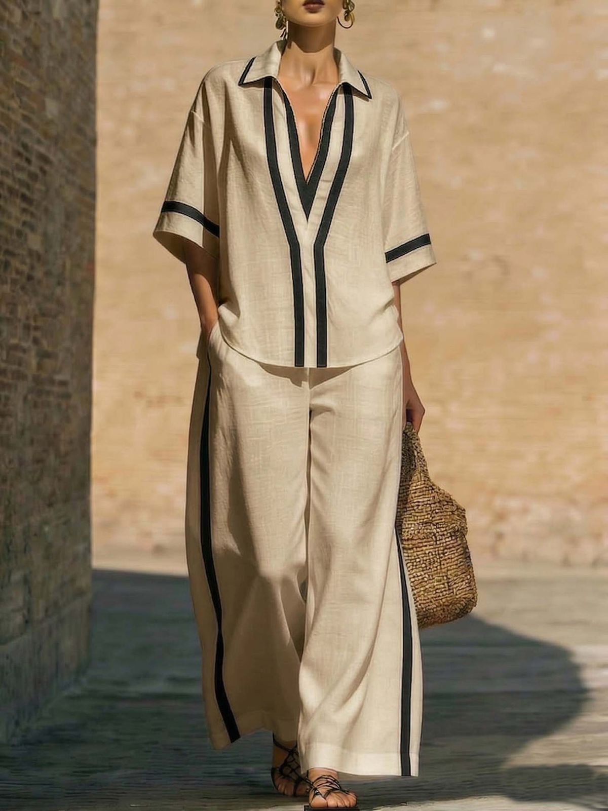 Women's 3D Contrast Stripe Casual Lounge Set Relaxed Fit Short-Sleeve Top And Wide-Leg Pants in Black White Pink Khaki Light Blue_ecoleips.com