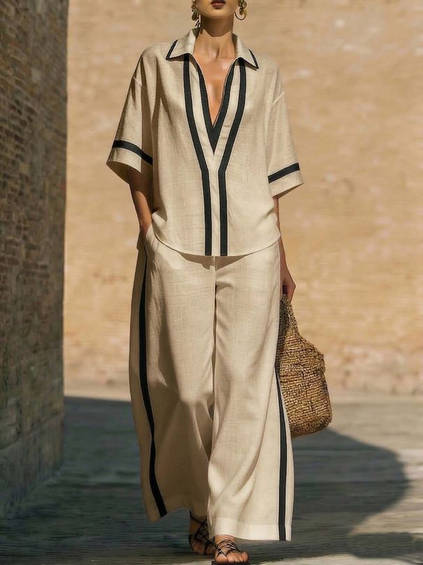 Women's 3D Contrast Stripe Casual Lounge Set Relaxed Fit Short-Sleeve Top And Wide-Leg Pants in Black White Pink Khaki Light Blue_ecoleips.com