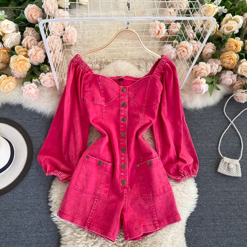Women's Clothing Fashionable Outfit White Rose Red Jumpsuit Autumn Retro Single Breasted Slim Short Jeans Trend_ecoleips.com