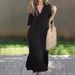 Women's Summer V Neck Dress Cotton Linen Pleated 7 Point Sleeve Slits Both Sides_ecoleips.com