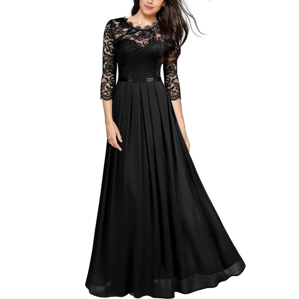 Women's Patchwork Chiffon Dress European Station round Neck Lace Long Evening Gown_ecoleips.com
