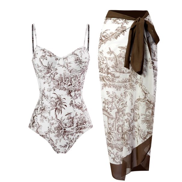 Women’S Printed One-Piece Swimsuit With Sarong Wrap – Tiger & Galaxy Patterns, High Elasticity Polyester, Sexy Beachwear (S-Xl)_ecoleips.com